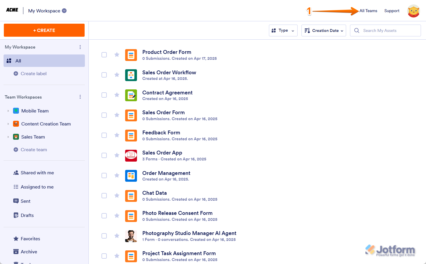 Click All Teams on My Enteprise Workspace page in Jotform