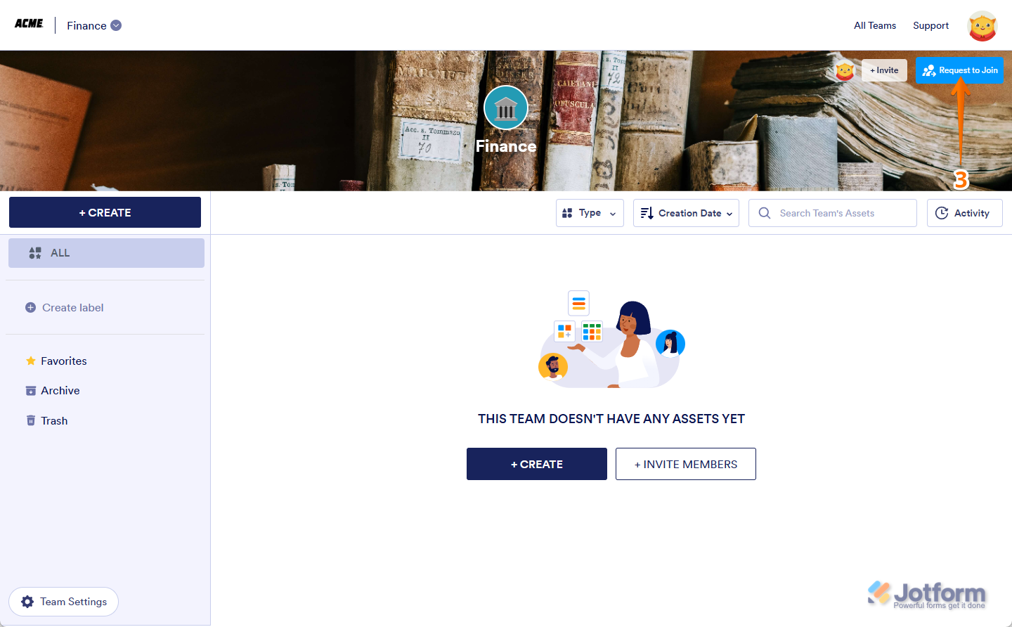 Request access to a team from the workspace page in Jotform