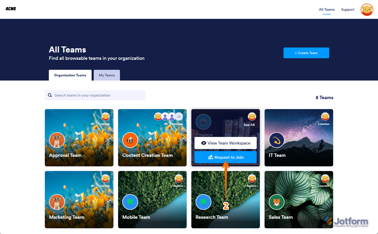 Hover over a team and click Request to Join in Jotform