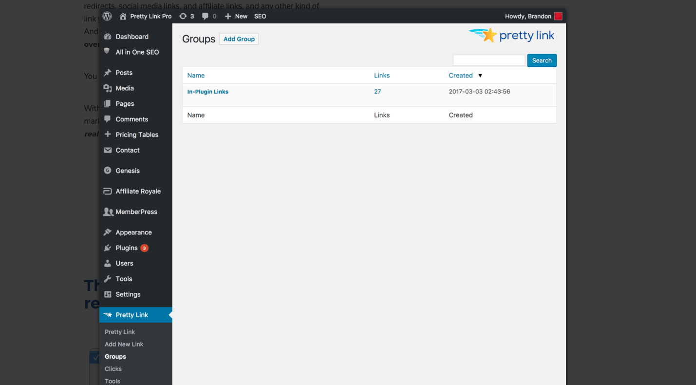 Screenshot of pretty links