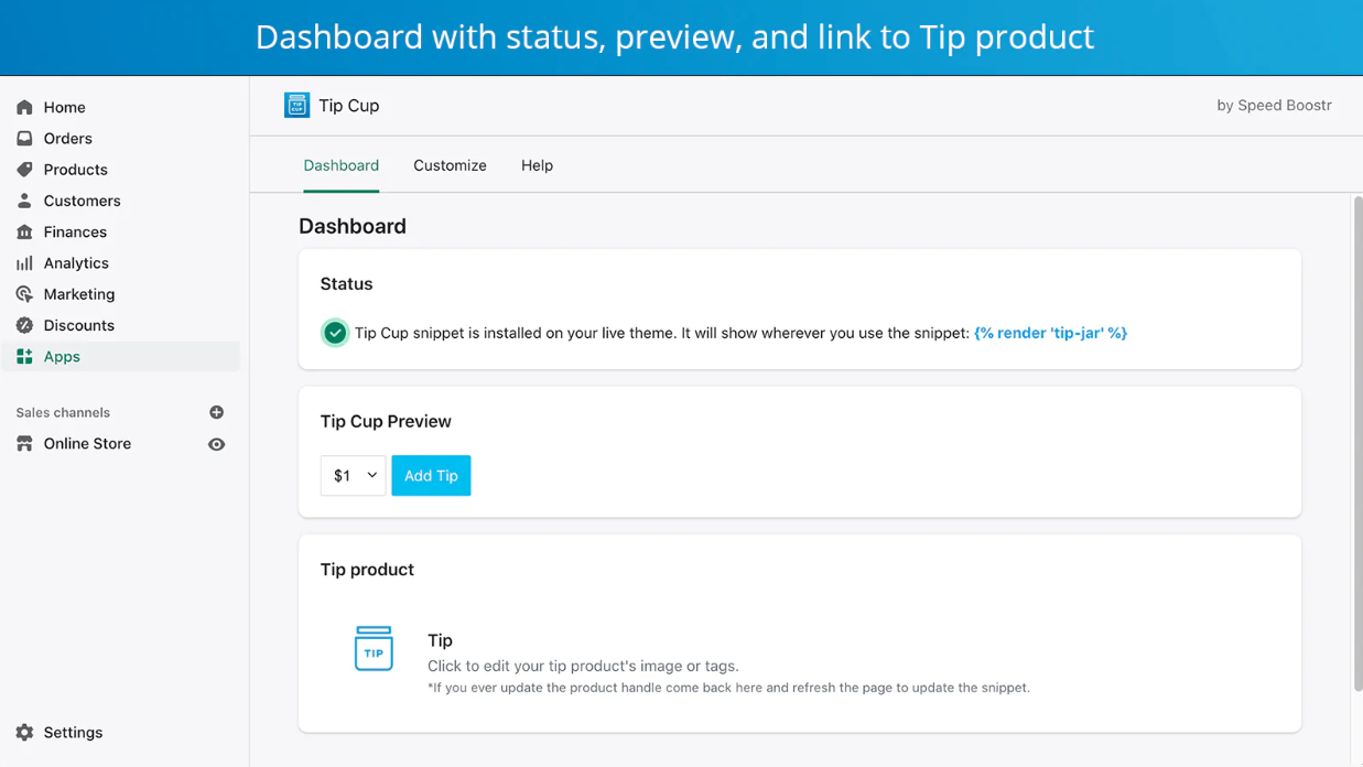 Dashboard with status preview and link Tip product