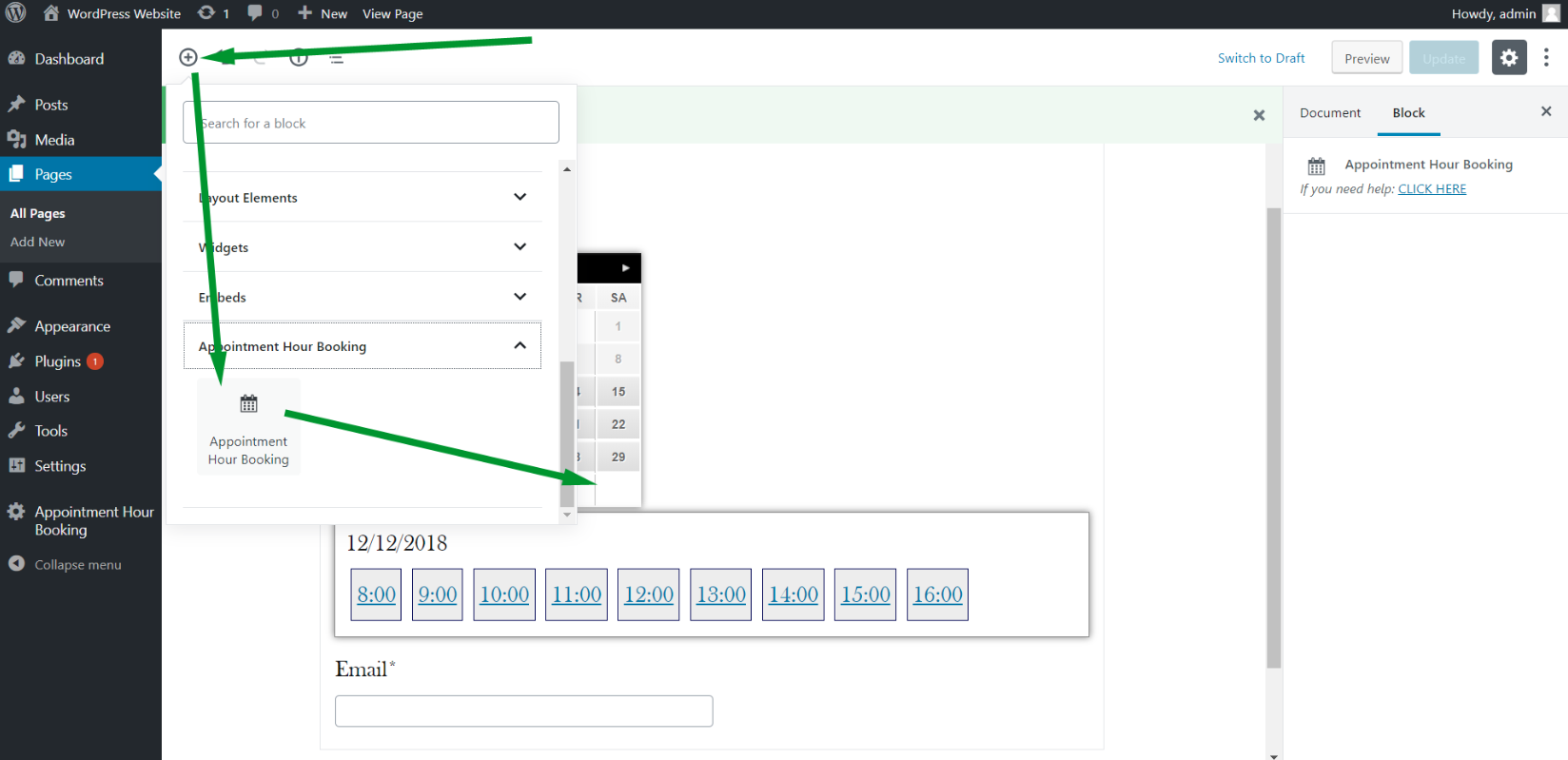 Screenshot of appointment hour booking