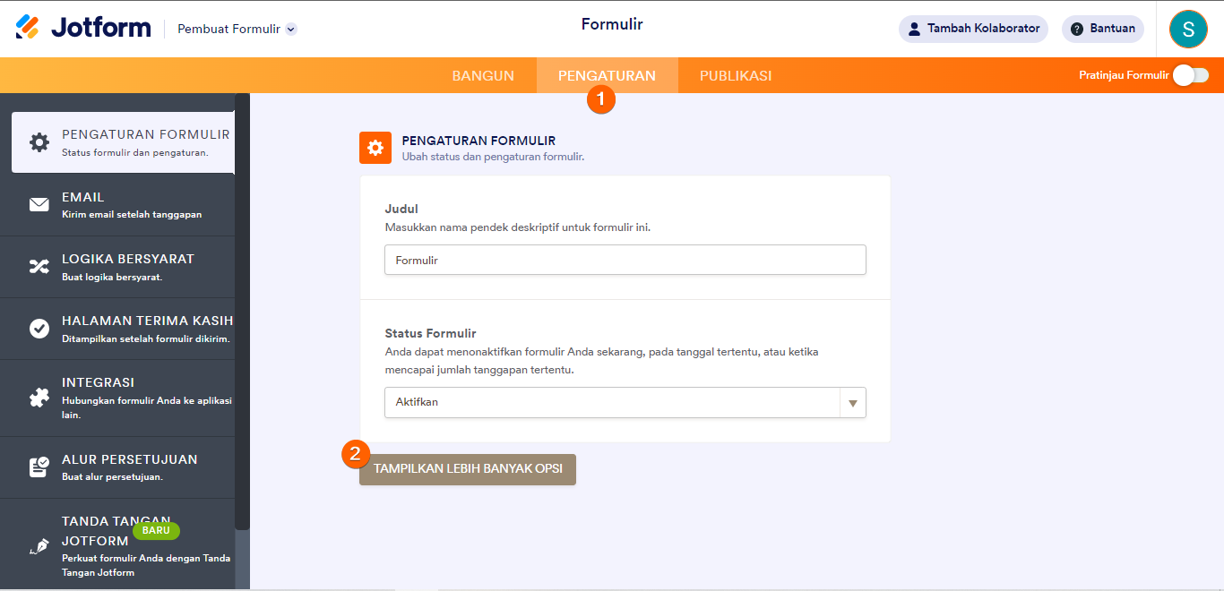 Langkah-langkah untuk melihat opsi lainnya di Pembangun Formulir