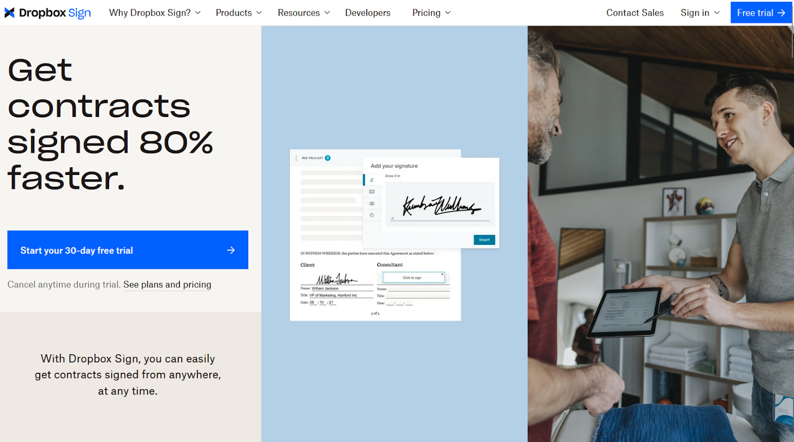 Screenshot of the Dropbox Sign homepage, featuring a clickable button to start a free trial, sample e-signatures, and an image of one person requesting an e-signature from another person on a portable device
