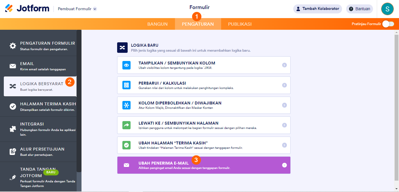 Mengubah email penerima logika bersyarat Jotform
