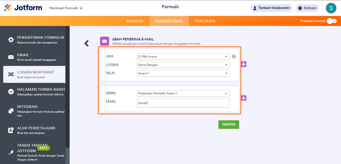 Logika bersyarat Jotform mengirim email berdasarkan acara