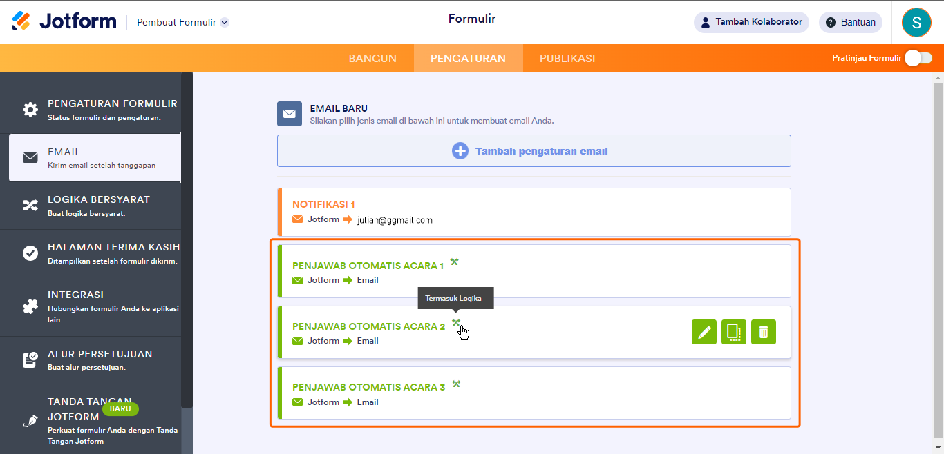 Email penjawab otomatis Jotform dengan ketentuan terlampir