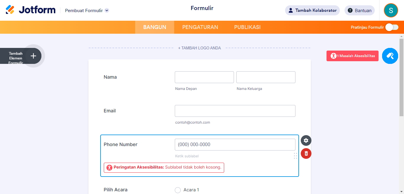 Masalah aksesibilitas formulir Jotform