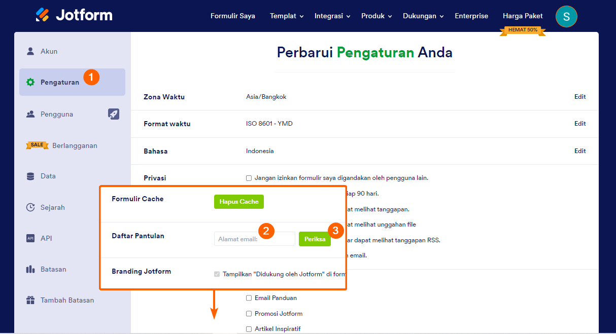 Opsi daftar pantulan Jotform dengan kolom input email di bawah tab pengaturan