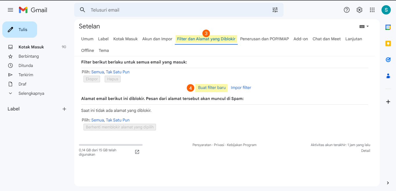 Langkah-langkah untuk membuat filter baru di Gmail