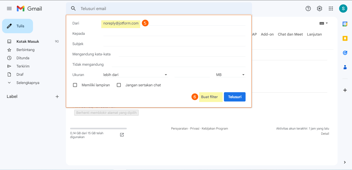 Langkah-langkah untuk membuat filter alamat di Gmail