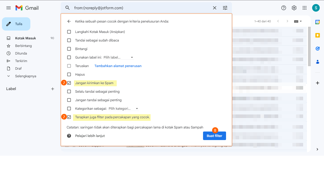 Dialog konfigurasi filter di Gmail