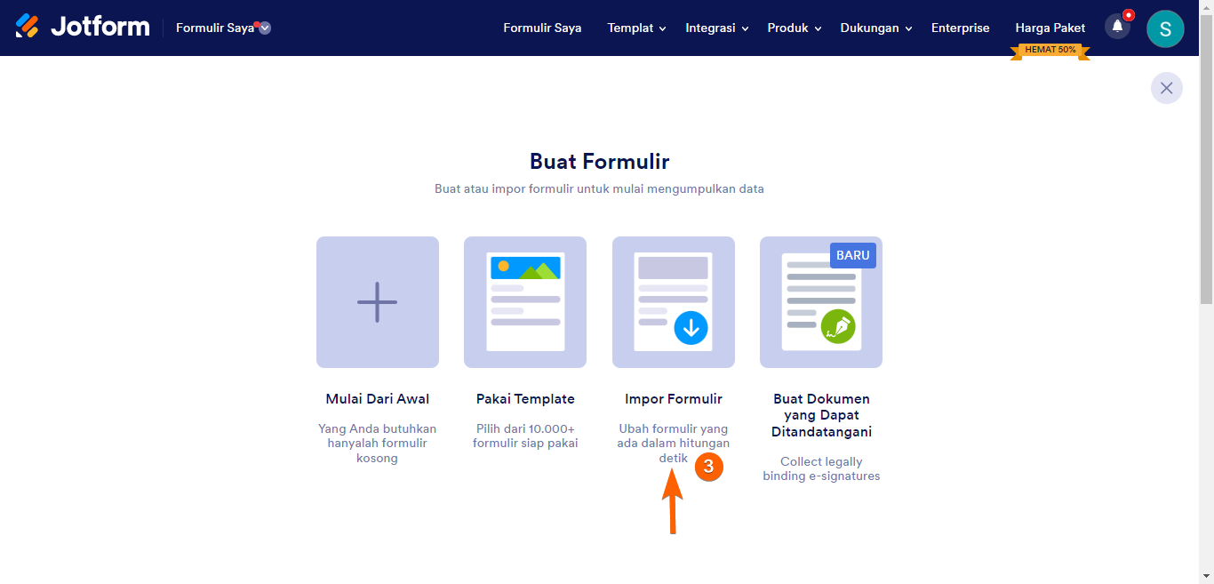 Tangkapan layar Formulir Saya dengan panah yang menunjuk ke Formulir Impor
