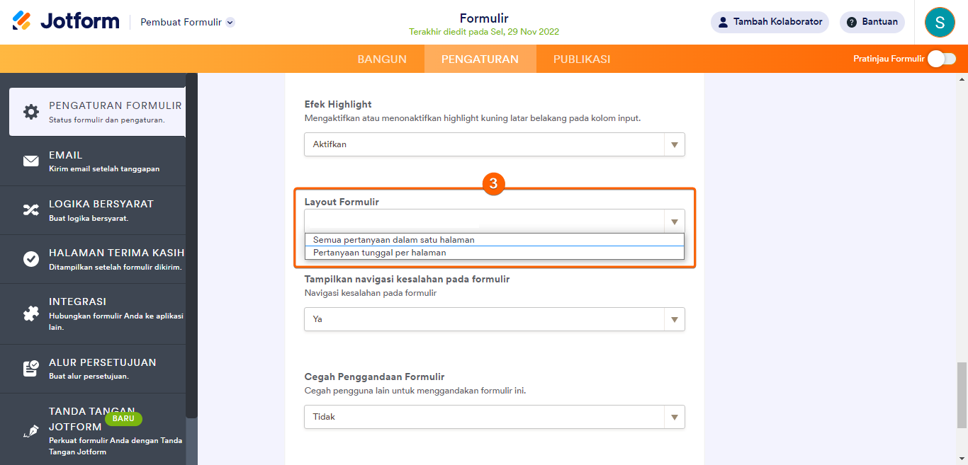 Opsi Layout Formulir di pembangun formulir