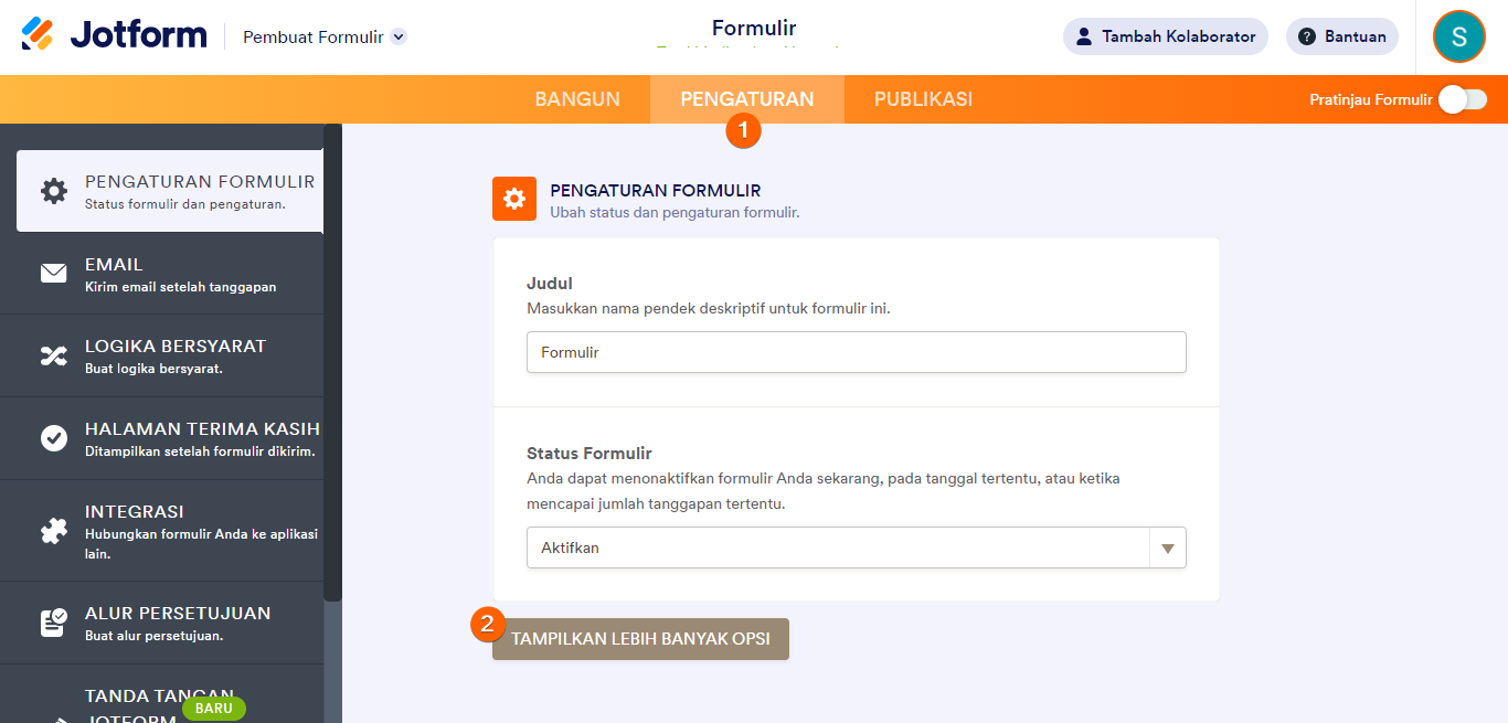 Opsi tampilkan lebih pembangun formulir