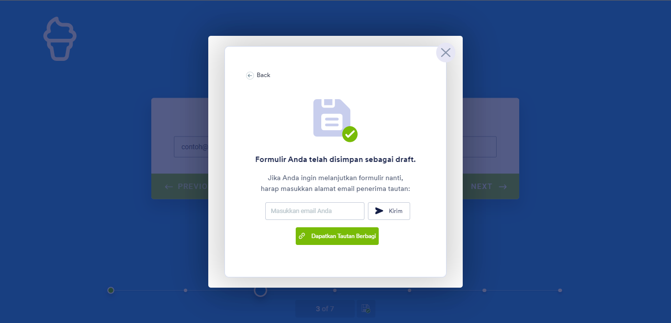 Formulir kartu draft tersimpan masukkan email