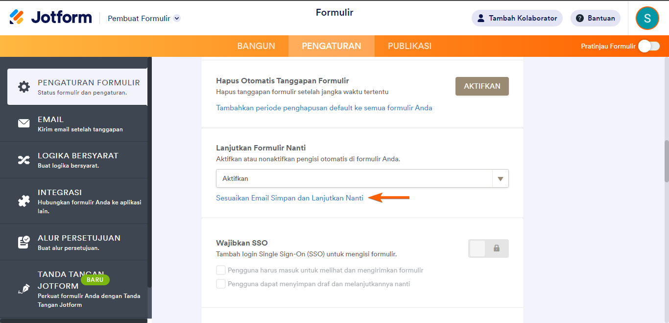 Pembangun formulir kartu, kustomisasi email simpan lanjutkan