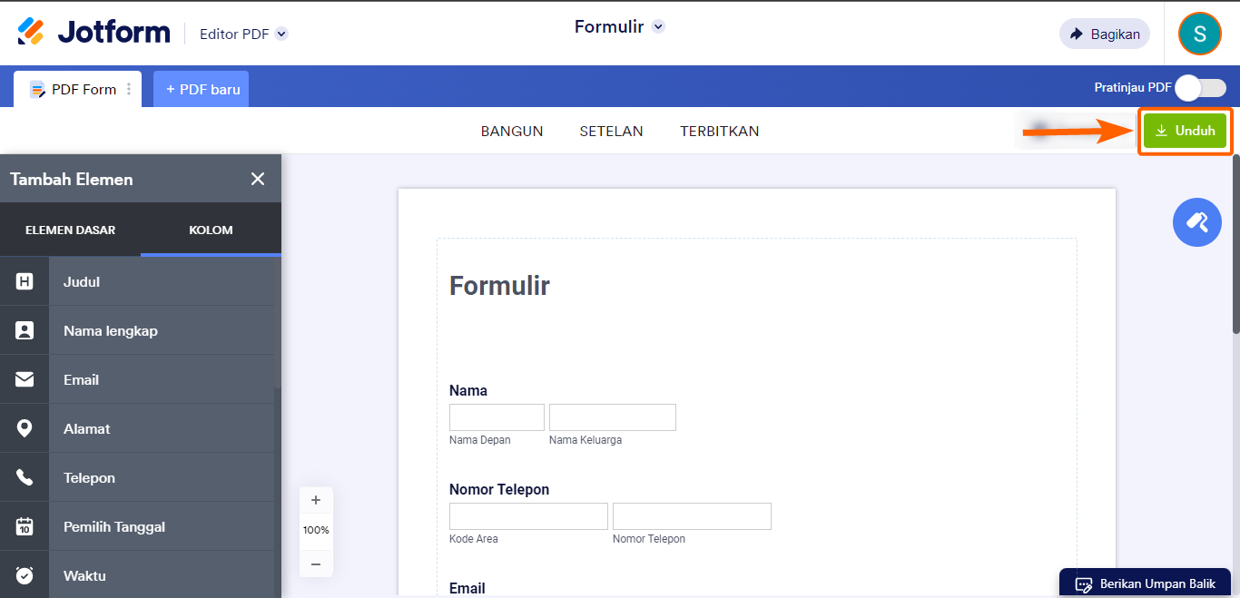 Unduh PDF inline