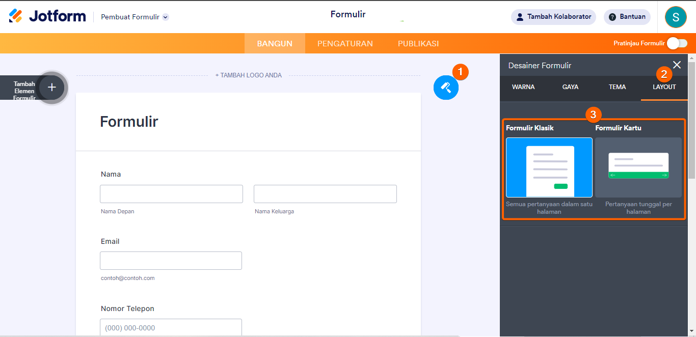 Langkah-langkah untuk mengubah layout formulir di Pembangun Formulir