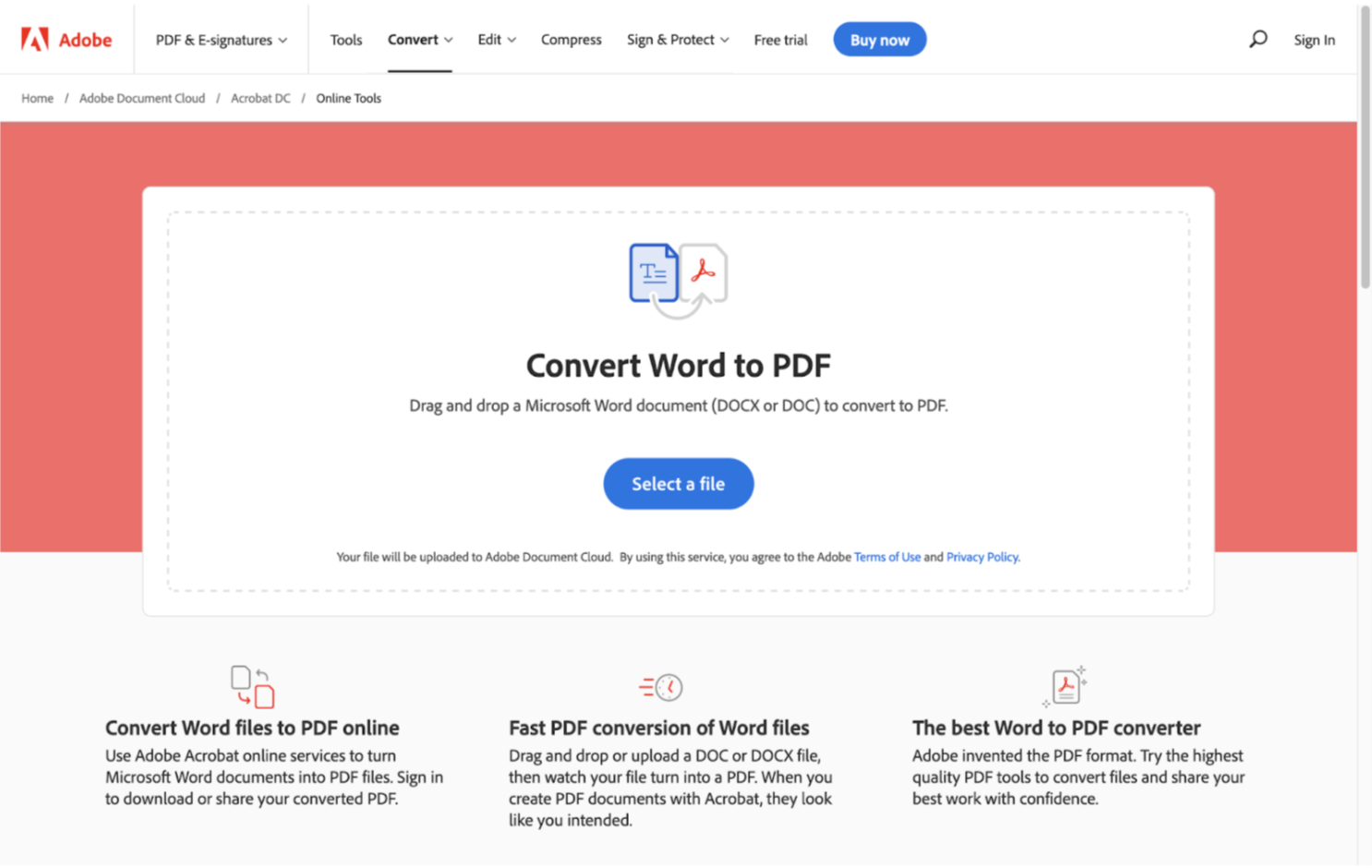 Screenshot of Adobe Online PDF Converter