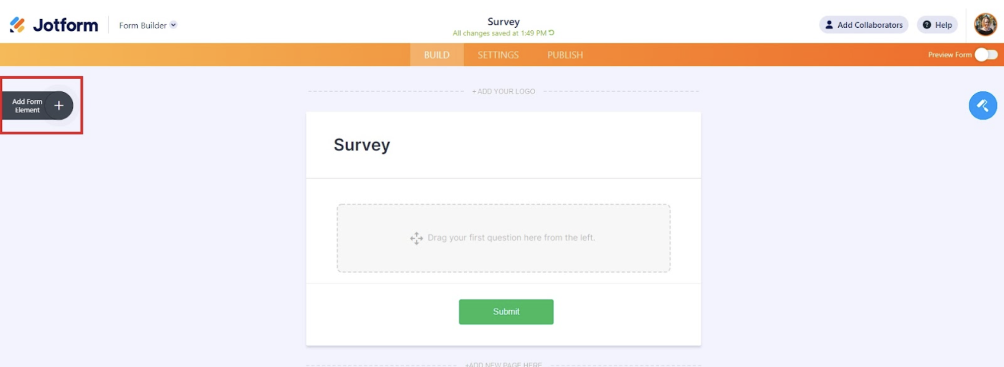 Screenshot of Form Builder Clicking on Add Form Element