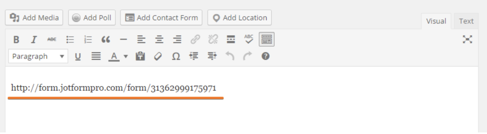 Screenshot of WordPress Web Page Adding Jotform Url to the Page