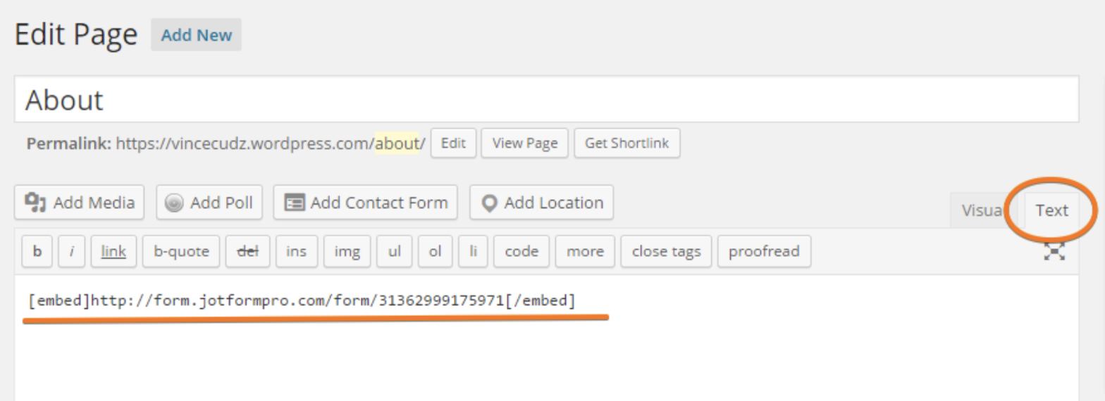 Screenshot of WordPress Edit Page Embedding Jotform Url