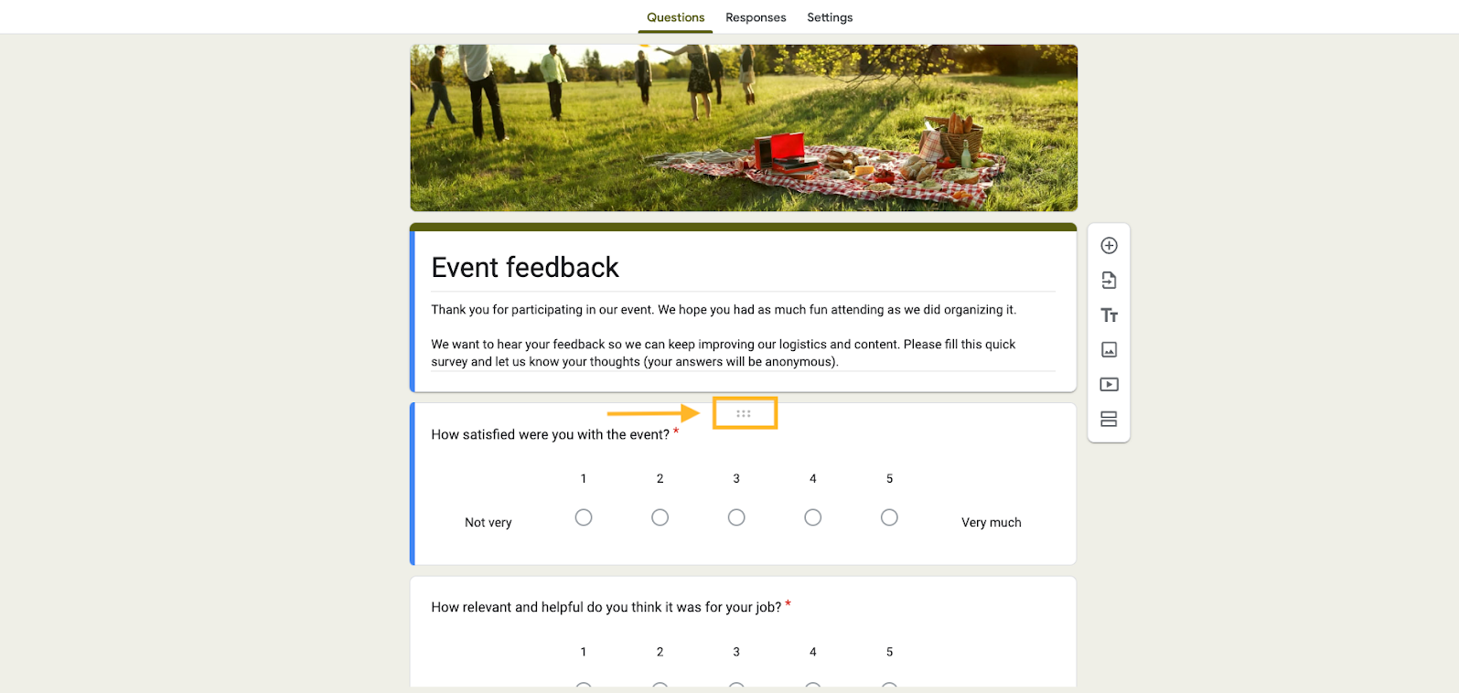 An online event feedback form with a header image of a picnic and rating scale questions displayed