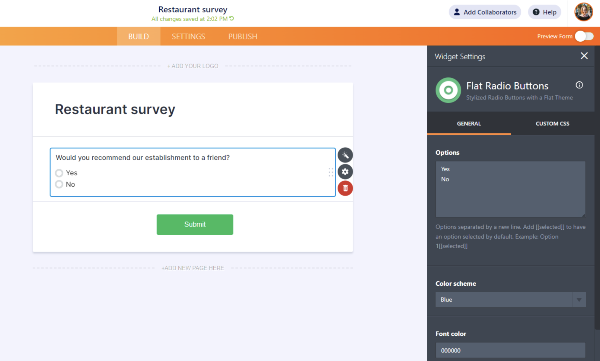 Screenshot of Form Builder Viewing Flat Radio Buttons Field