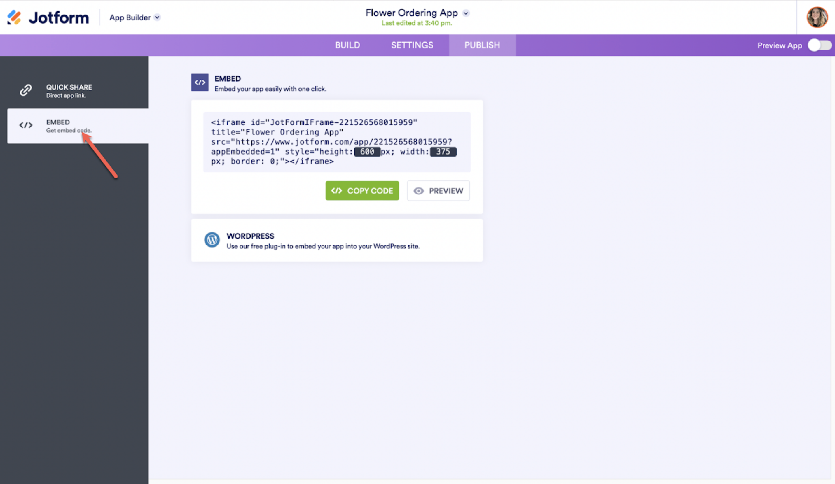Screenshot of Publish Page Clicking on Embed