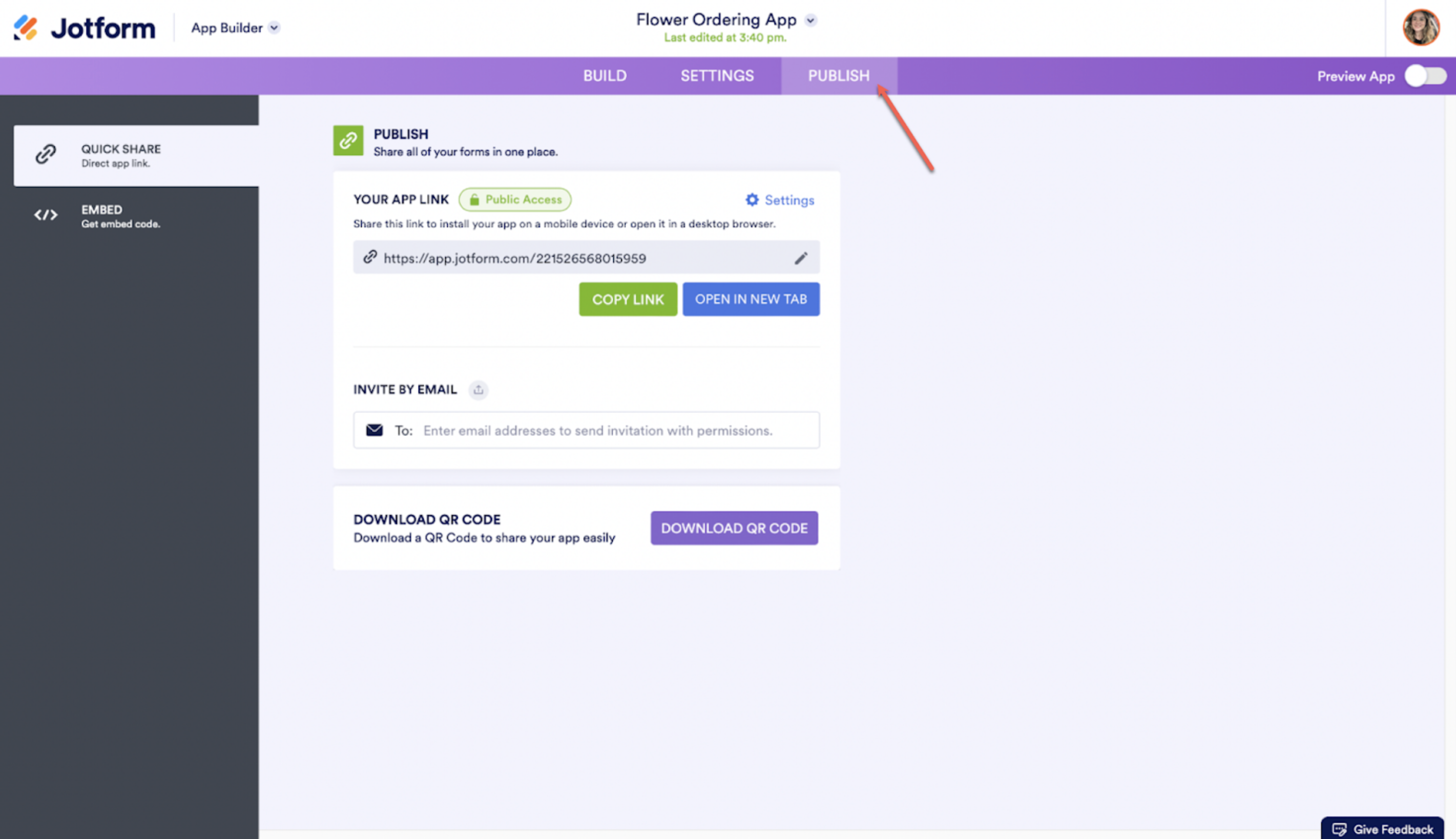 Screenshot of Form Builder Clicking on Publish