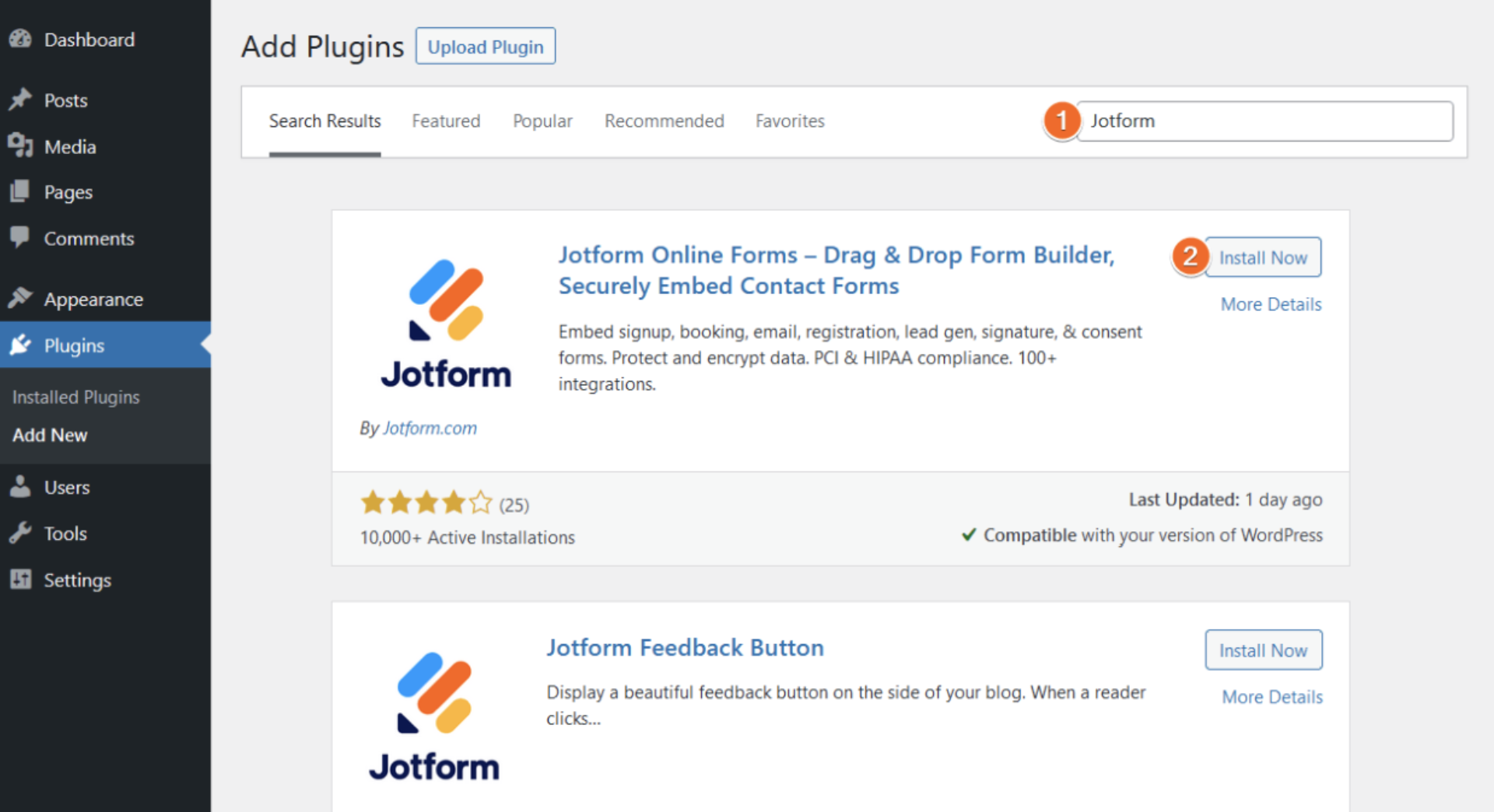 Searching for Jotform Sign WordPress Plug-in in WordPress Plugins Page