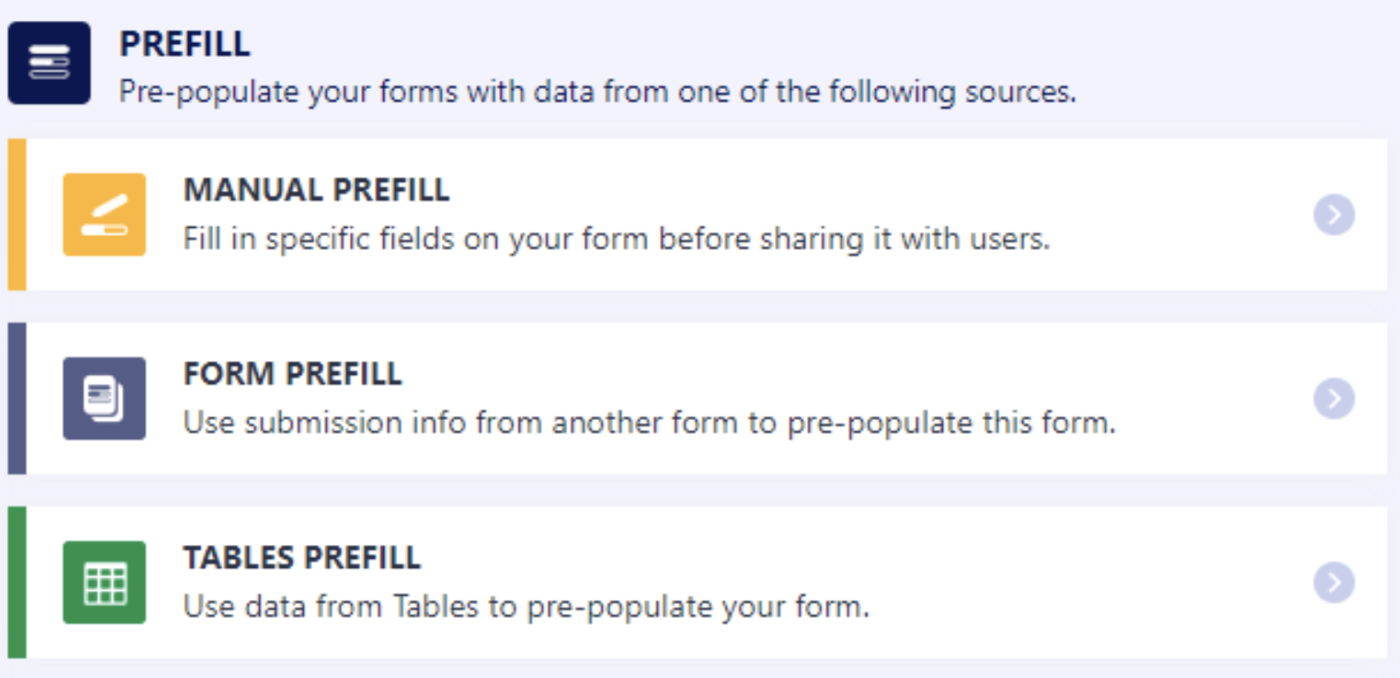 Screenshot of Prefill Options