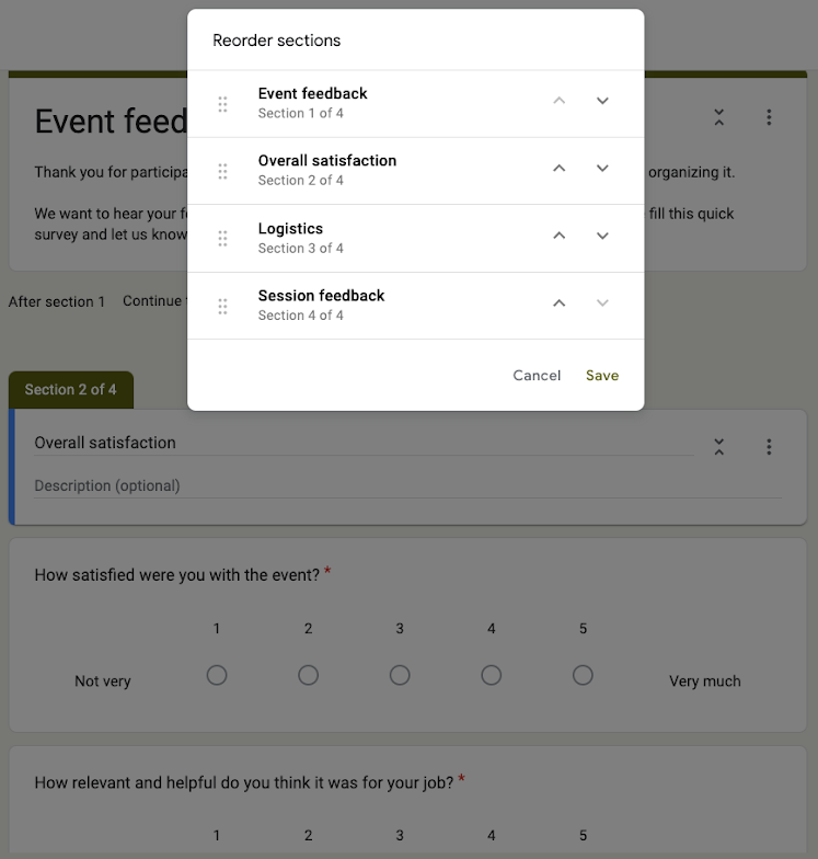 A pop-up window on an event feedback form allowing the user to reorder the sections of the survey