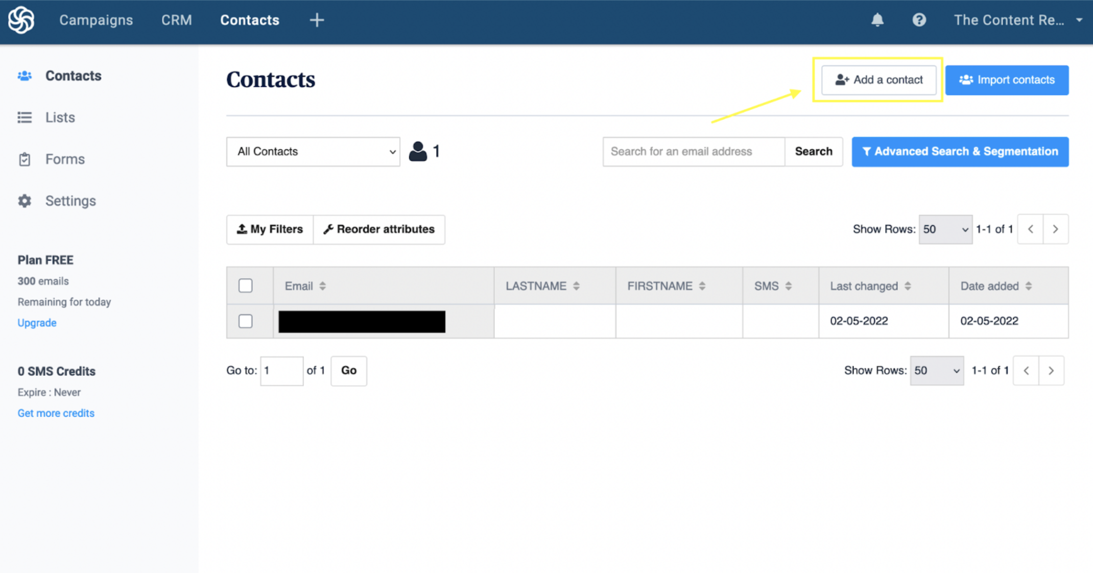 Image of Sendinblue Contacts Page Clicking on Add a Contact