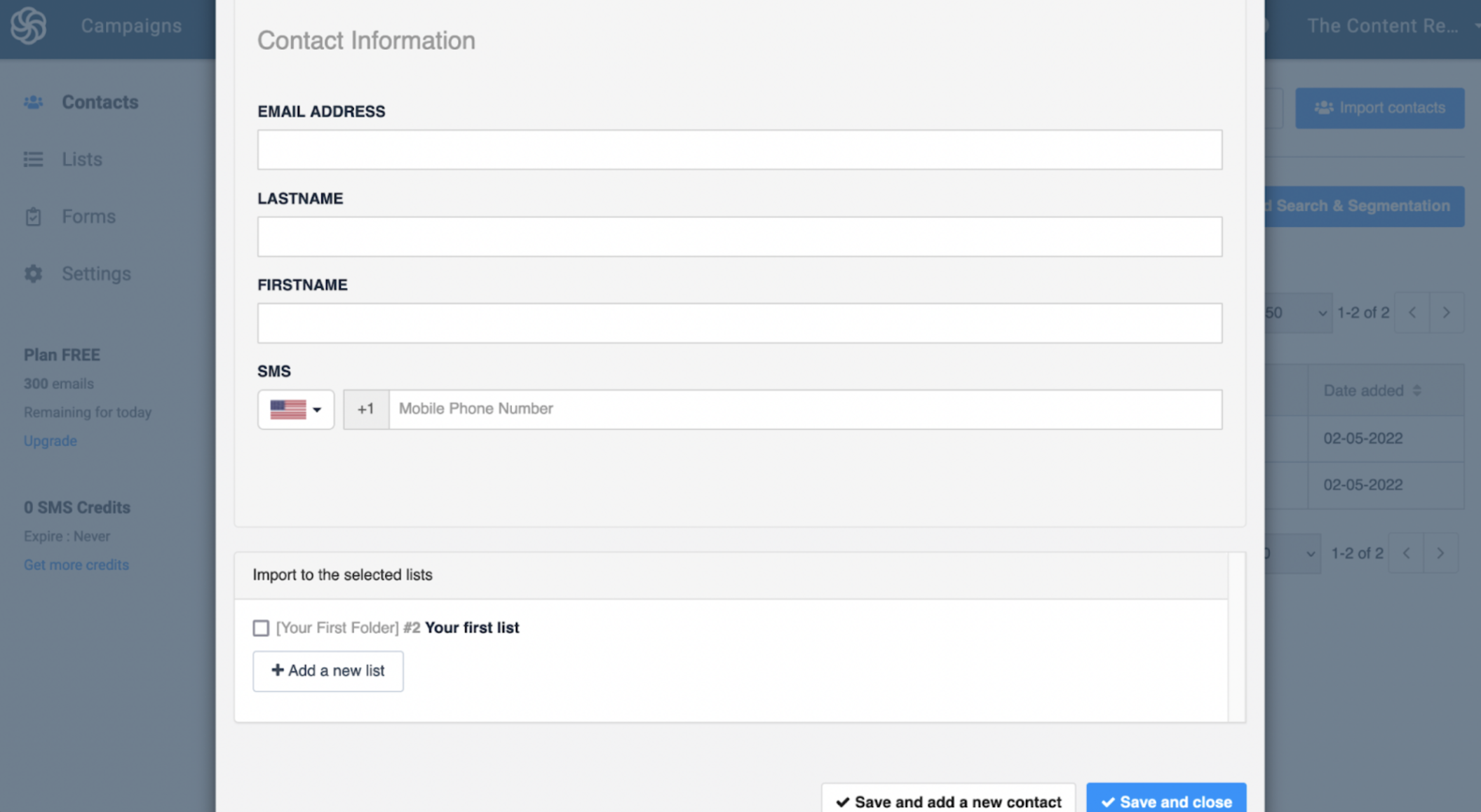 Image of Sendinblue Contact Information Page 