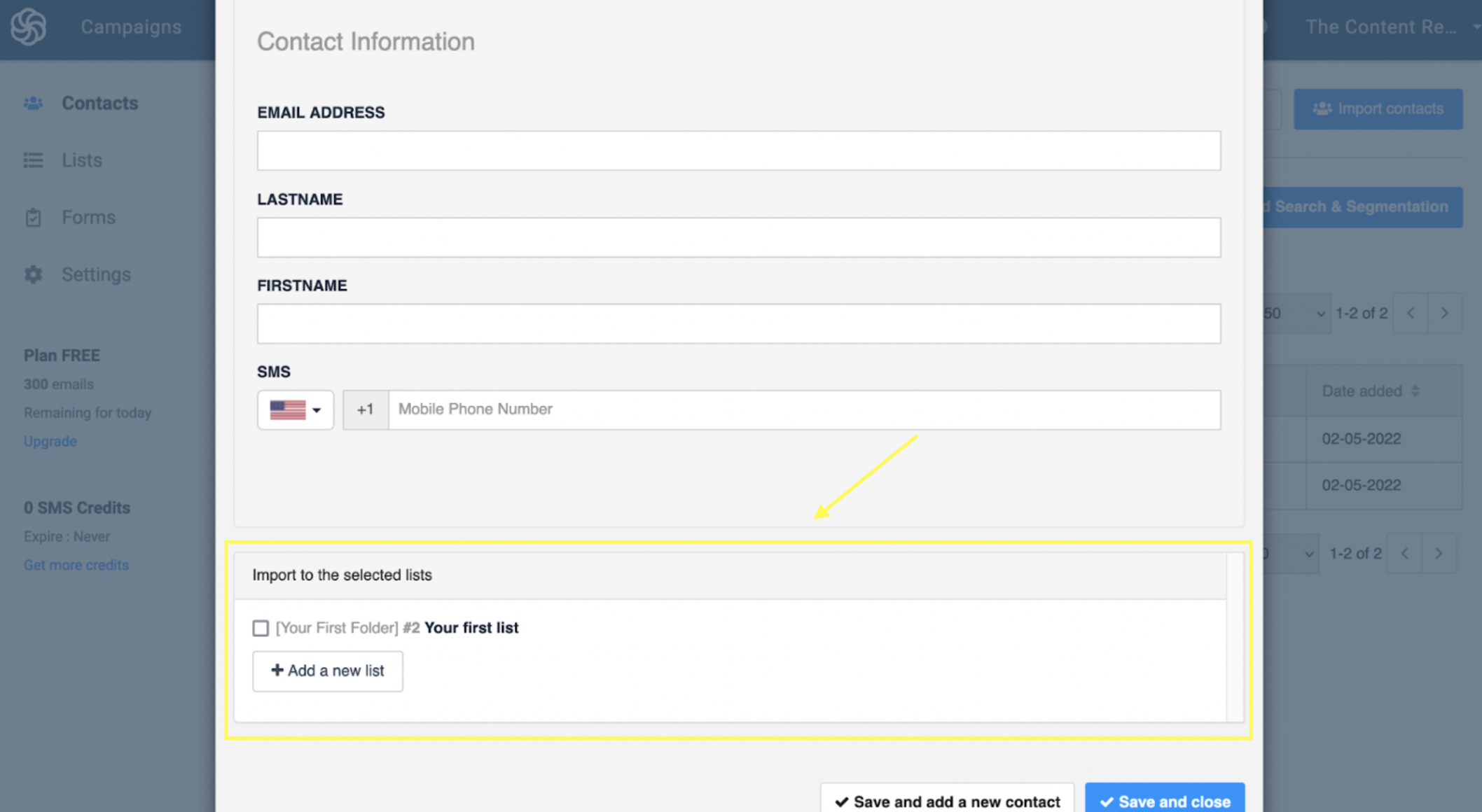 Image of Sendinblue Contacts Page Selecting Lists