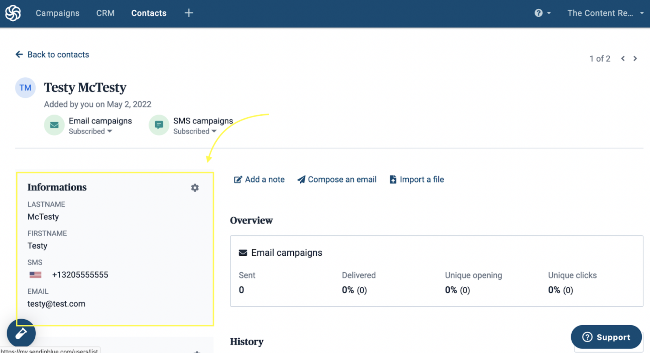 Image of Sendinblue Contacts Page Clicking on Informations