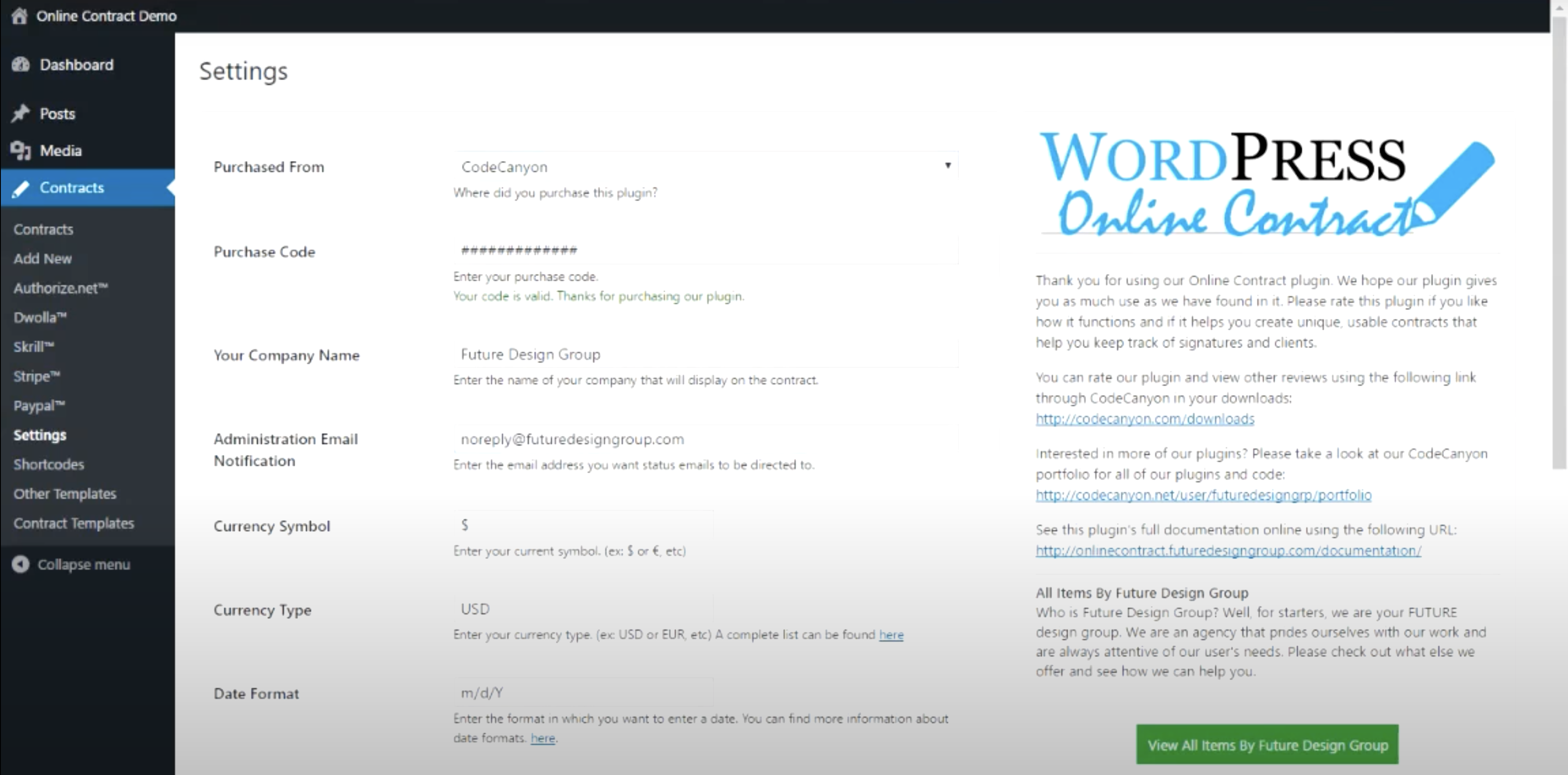 User Interface of WP Online Contract