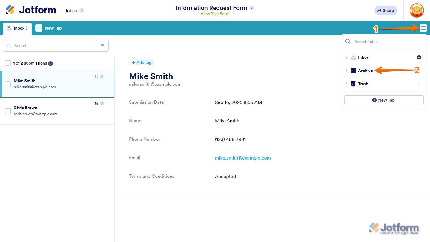Click on Archive in the Three Lines Icon menu on the right-corner of the Inbox Page in Jotform