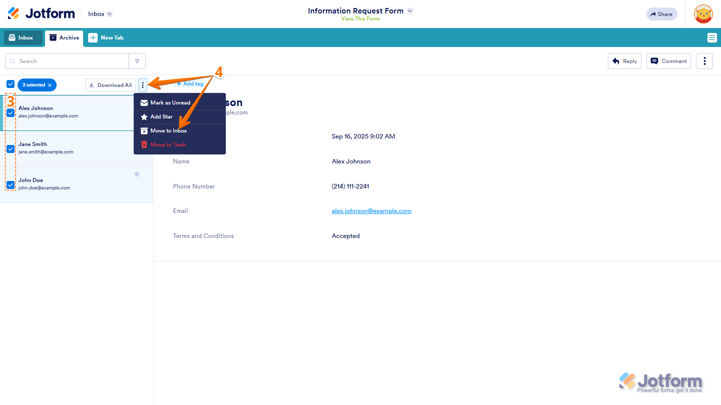 Select the submissions in the Archive, click the Three Dots icon, and click 'Move to Inbox' in Jotform