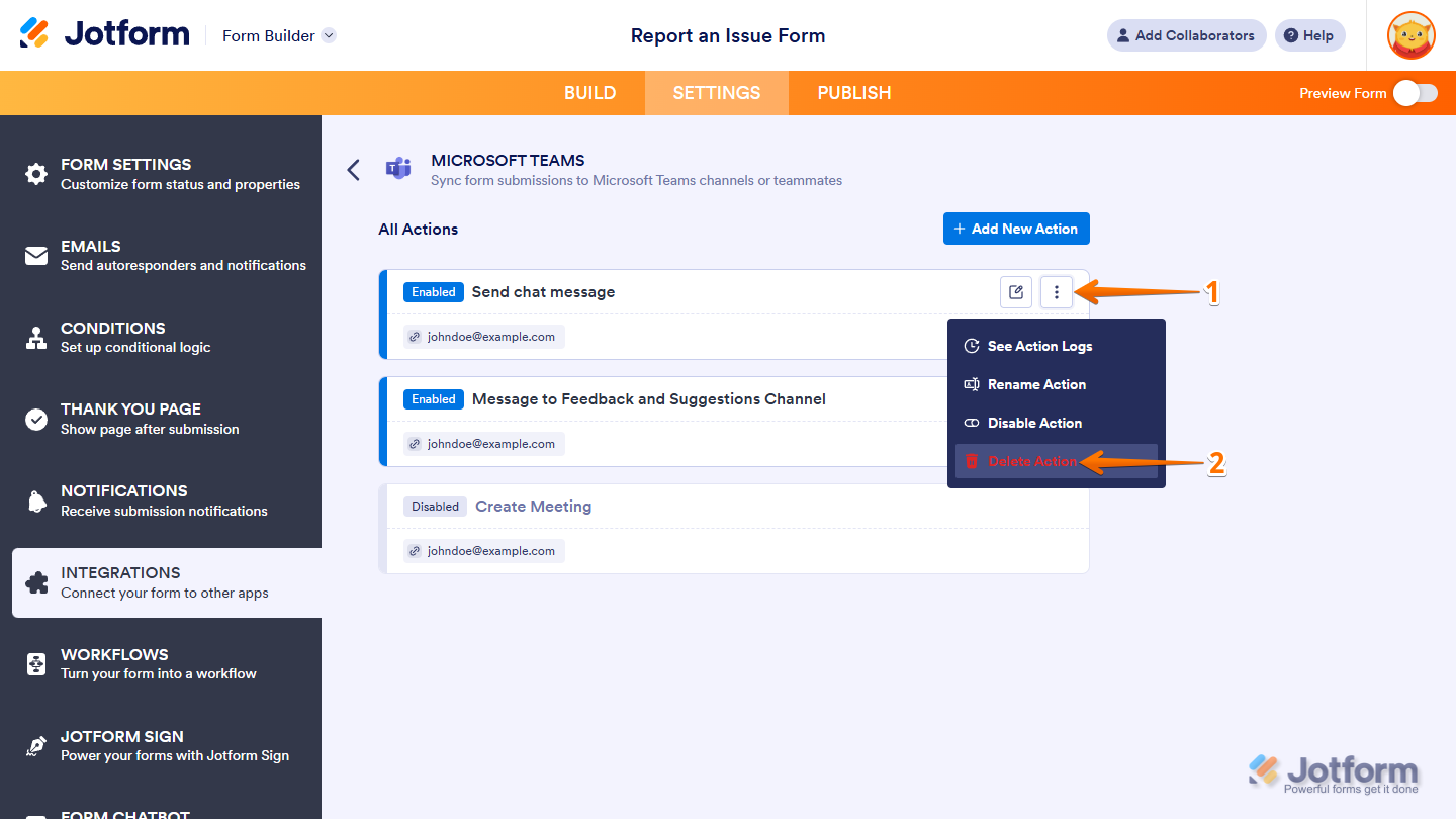 Delete Action option in the Microsoft Teams Integrations section under the Settings tab in Jotform Form Builder
