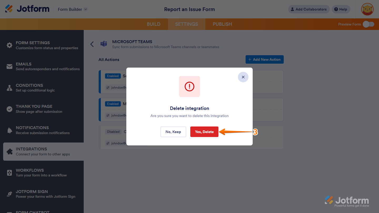 Delete Integration window in the Microsoft Teams Integrations section under the Settings tab in Jotform Form Builder