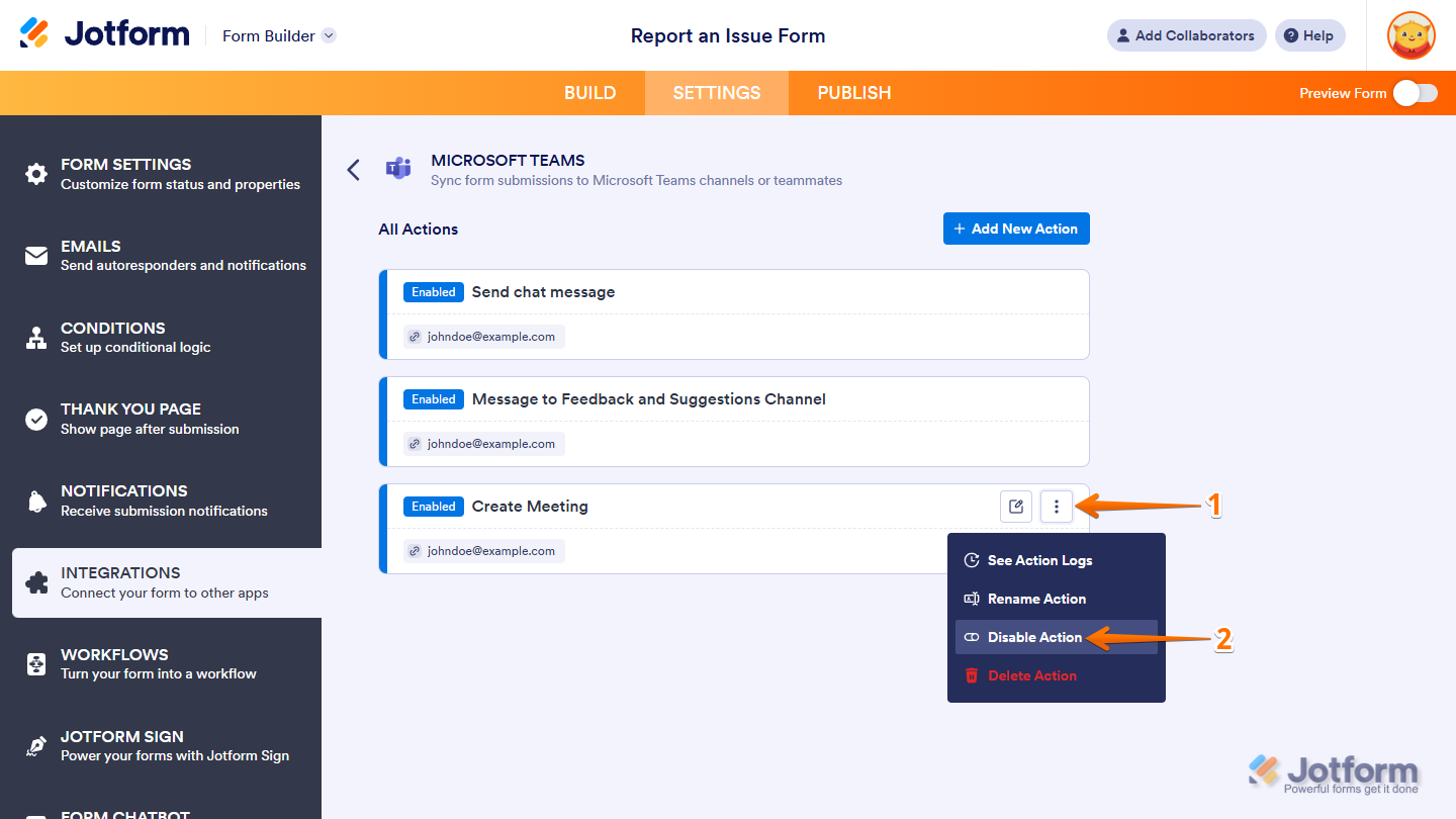 Disable Action option in the Microsoft Teams Integrations section under the Settings tab in Jotform Form Builder