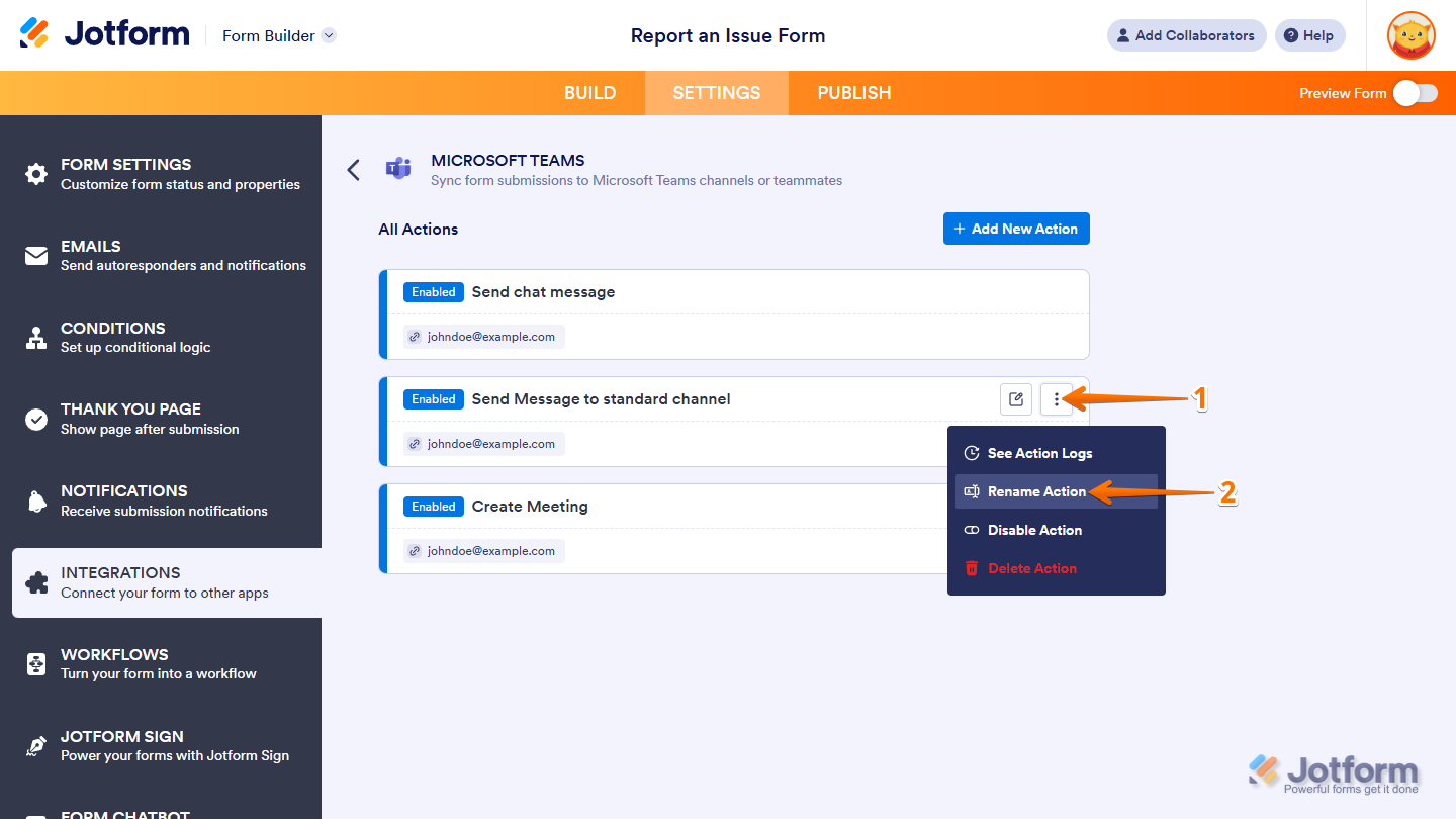 Rename Action option in the Microsoft Teams Integrations section under the Settings tab in Jotform Form Builder