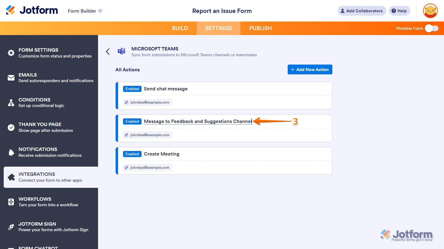 Setting new action name in the Microsoft Teams Integrations section under the Settings tab in Jotform Form Builder