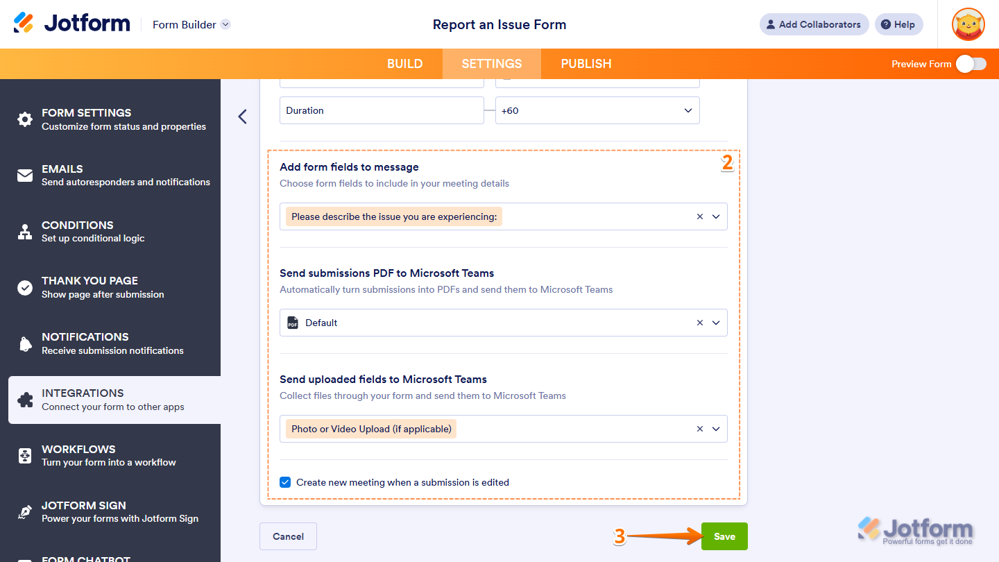 Additional Create Meeting Action settings in the Microsoft Teams Integrations section under the Settings tab in Jotform Form Builder