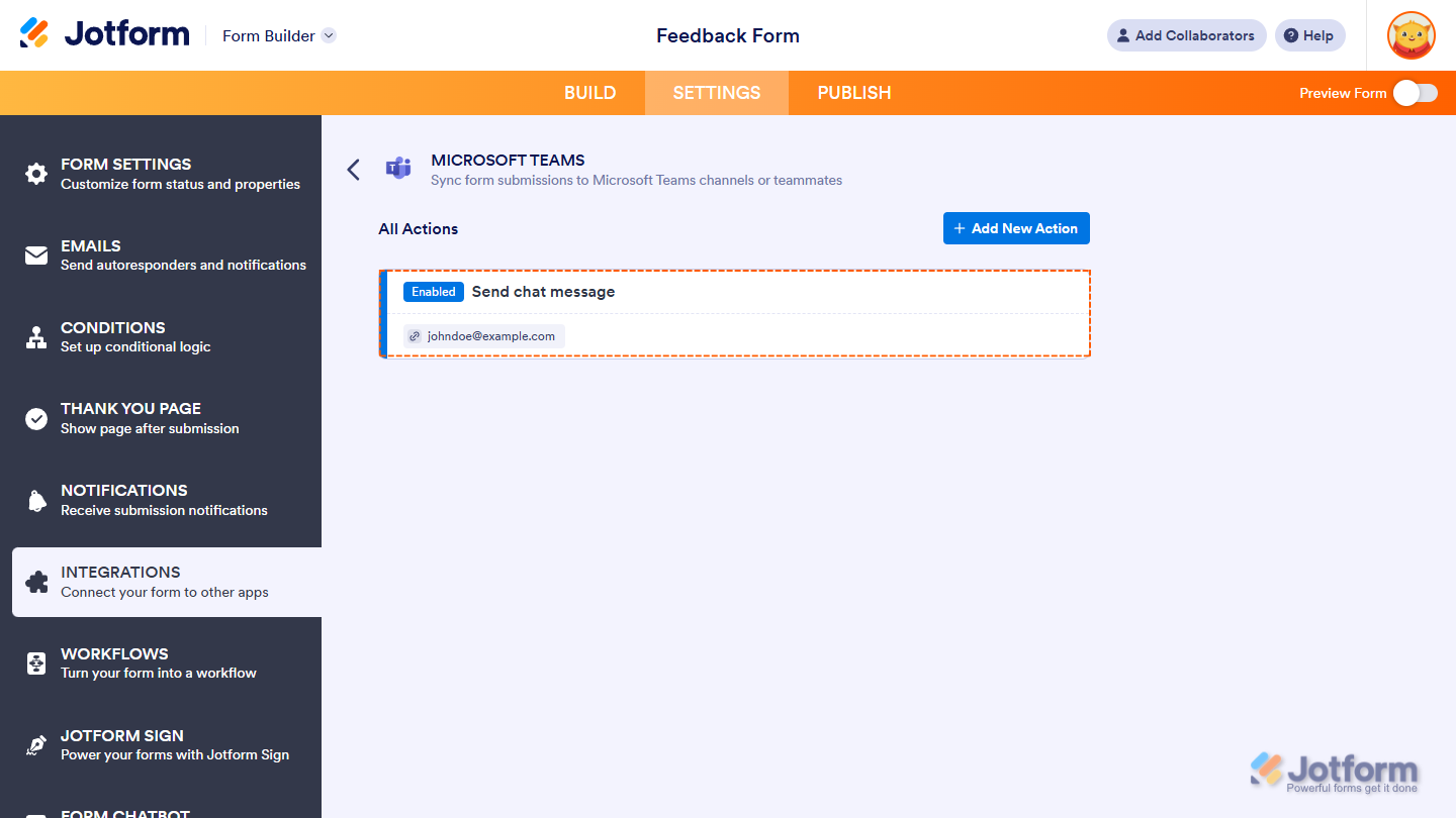 Saved Send Chat Message Action in the Microsoft Teams Integrations section under the Settings tab in Jotform Form Builder