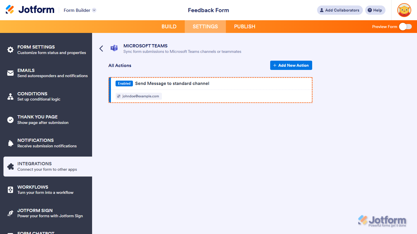 Saved Send Message to Standard Channel Action in the Microsoft Teams Integrations section under the Settings tab in Jotform Form Builder