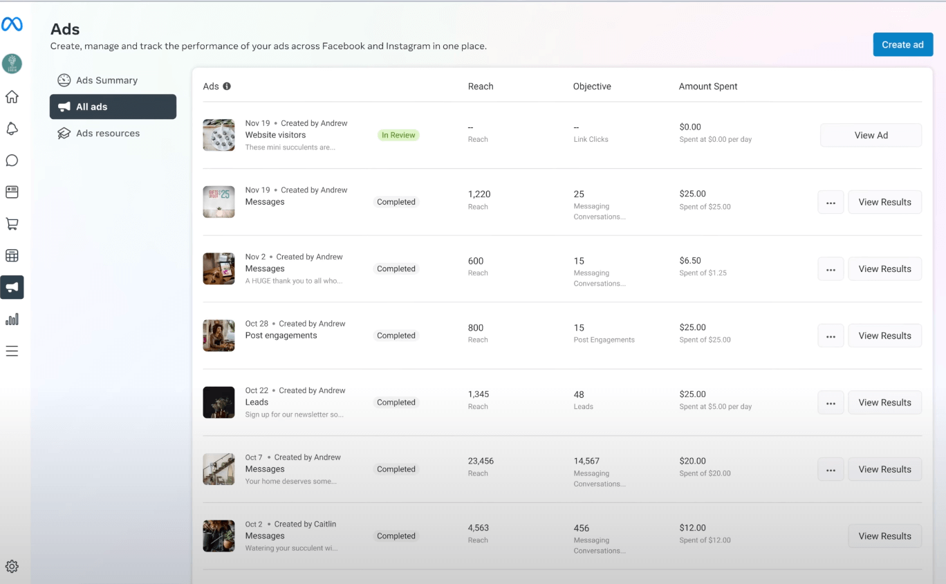 An image showing the ads page on Meta Business Suite